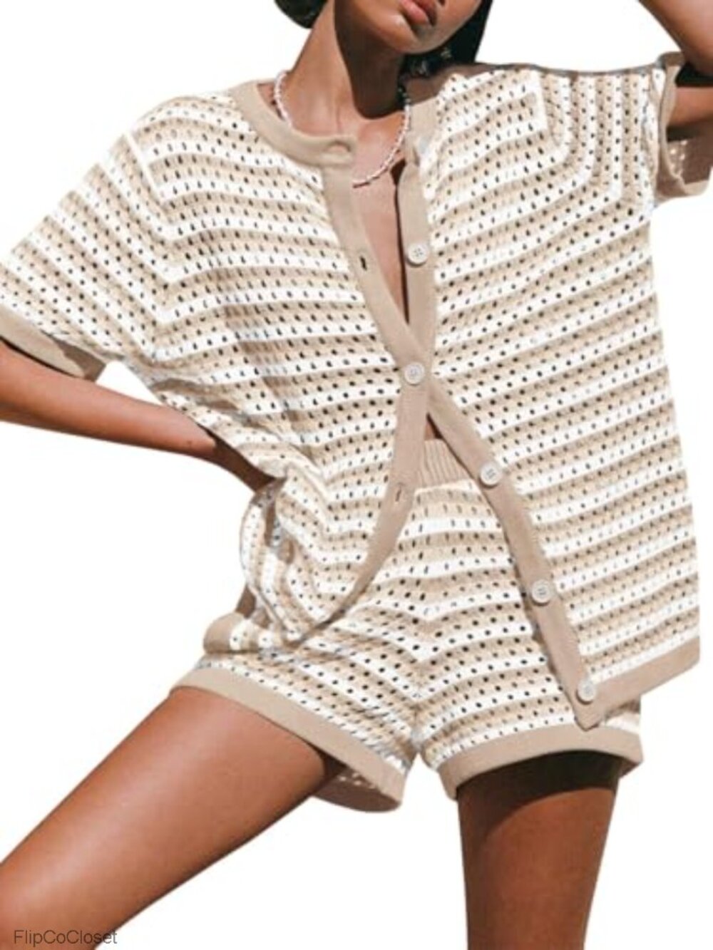 Women Crochet Knit Short Set Striped Beach Cover Up Button Down Loose Fit